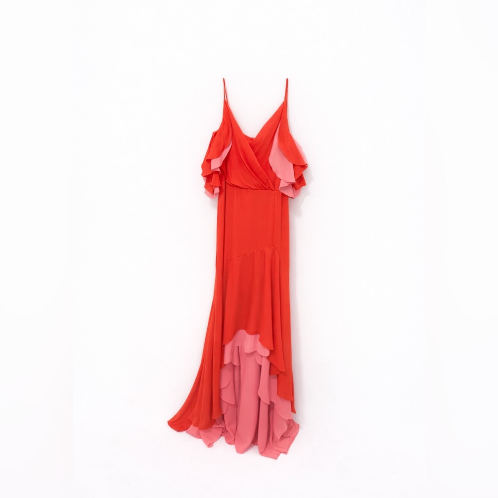 BCBGMaxAzria Coral-Red Maxi Dress with Pink Ruffle Hem